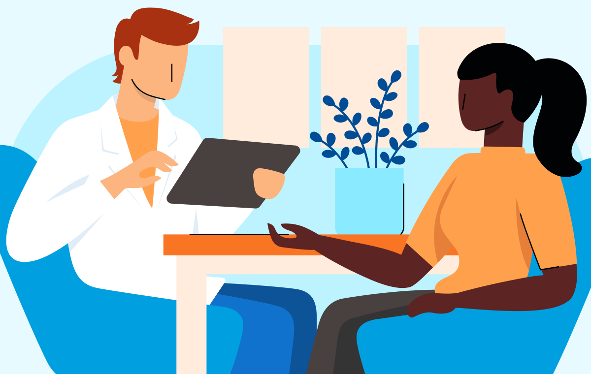 Illustrated image of a doctor sitting with a patient holding a tablet in his hand