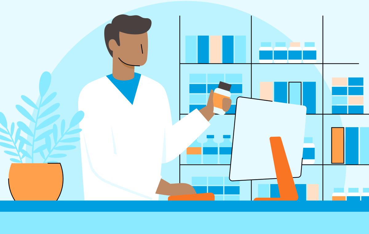 Illustrated image of male pharmacist looking at medicine bottle while in front of a computer screen