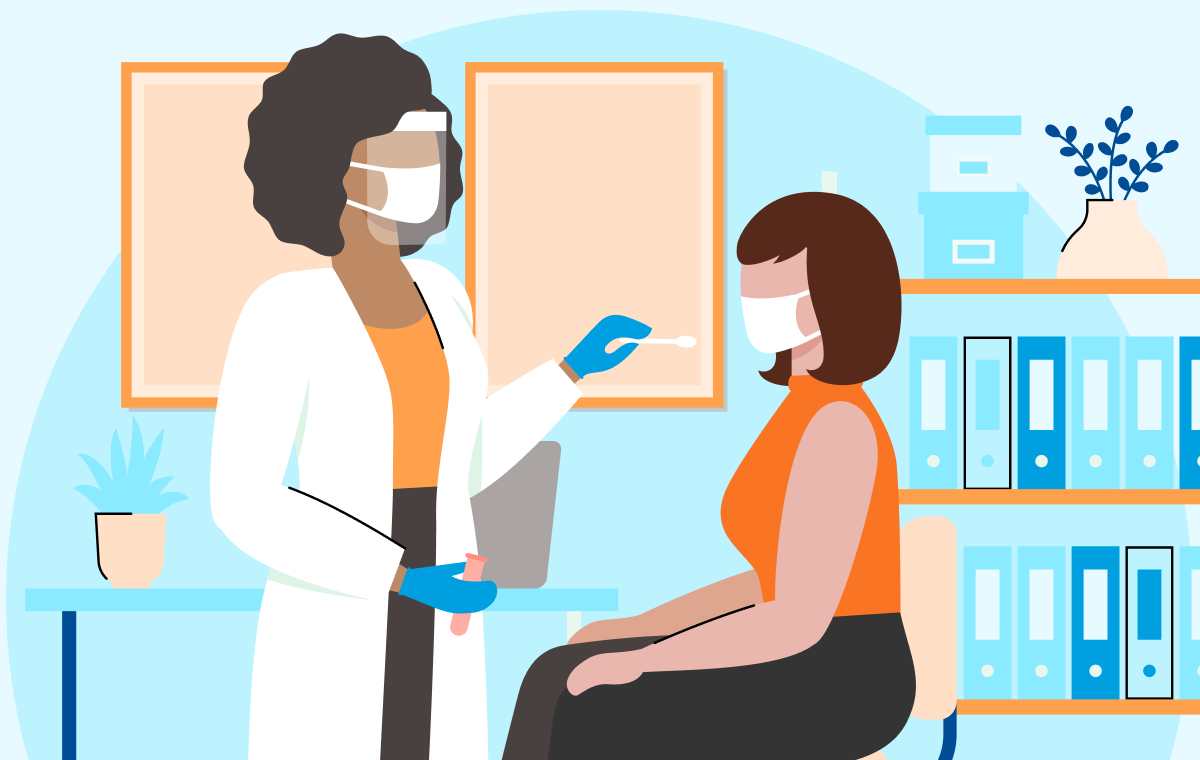 Illustrated image of doctor holding swab in front of patient who has mask on