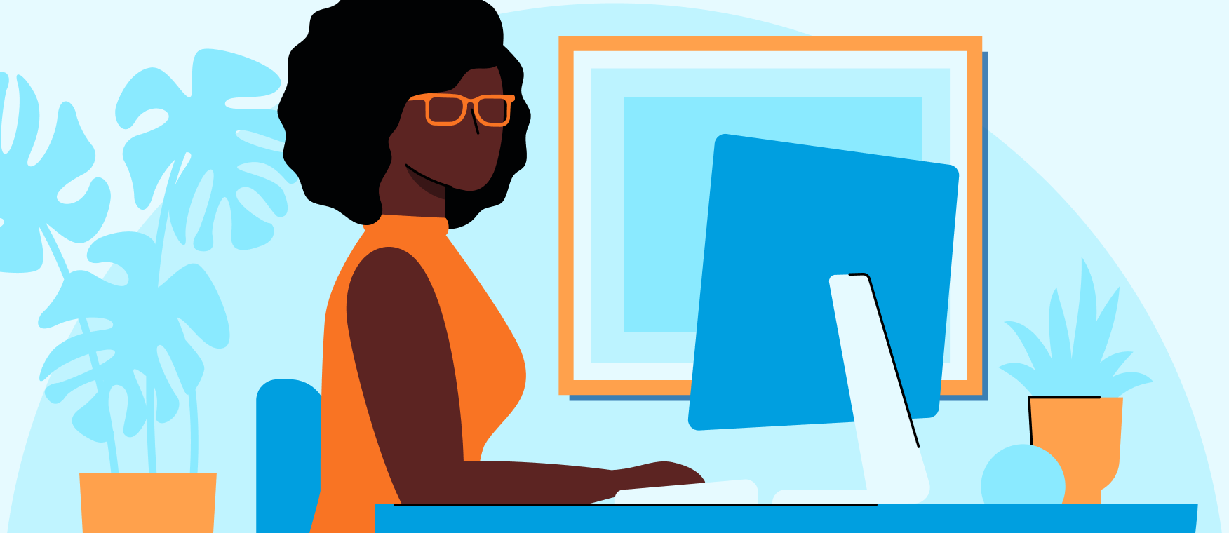 Illustrated image of a woman sitting in front of a monitor