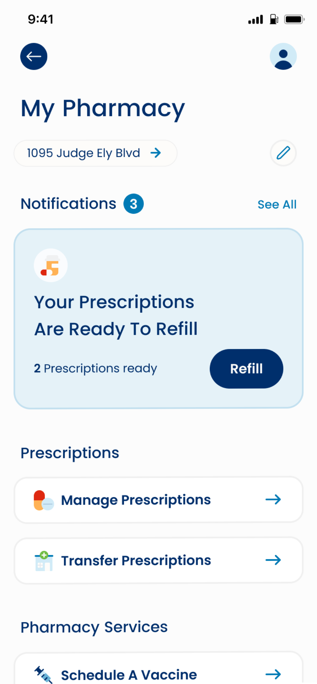 A sample screenshot of the Pharmacy app Dashboard screen.