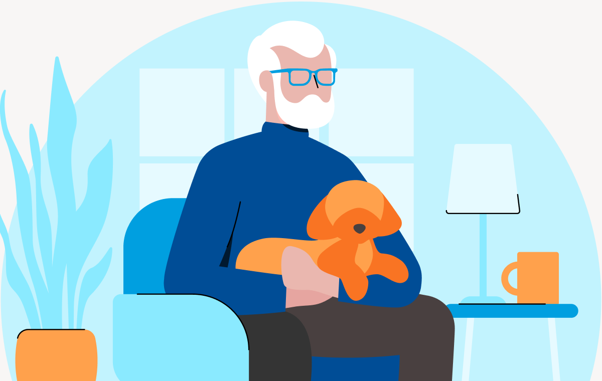 Illustrated picture of an elder man with white hair and glasses with a brown dog on his lap.