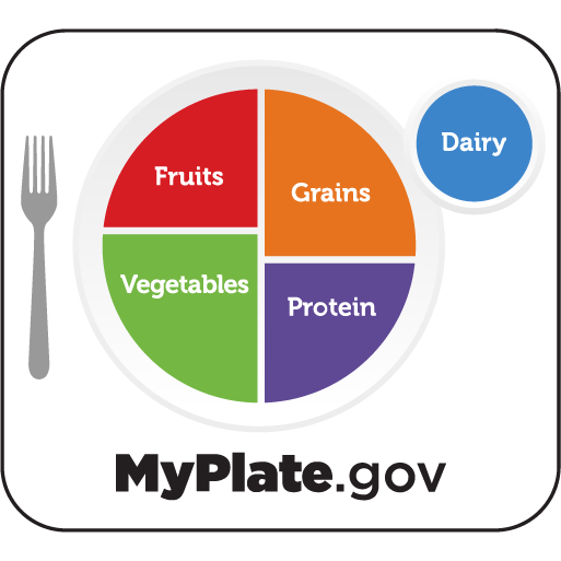 Image of a white plate with colored sections indicating how much of each food category you should eat.